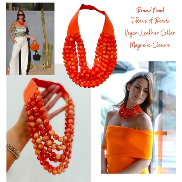 Boho Grow Studio Jewelry - NEW Stunning Faceted Beaded 7-Strand Bib Statement Necklace in Orange Punch